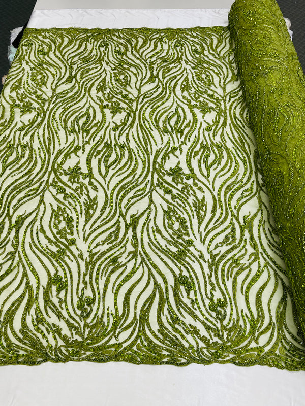 Olive Beaded Fabric - by the yard - Fancy Embroidered Zebra Design with Beads on Mesh Fabric