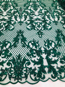 Hunter Green Beaded Fabric - Hand Embroidery Lace Bridal Floral Mesh Dress Fabric By Yard