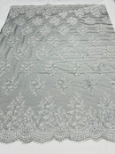 Floral Lace Fabric - Silver on Black Mesh - Flower Cluster Embroidery Design With Sequins on a Mesh
