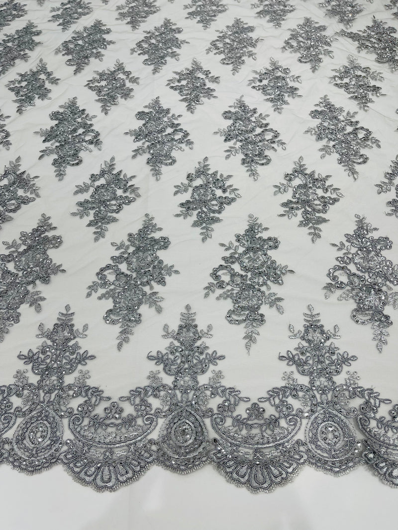 Silver Floral Lace Fabric by the yard Corded Flower Embroidery Design With Sequins on a Mesh