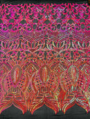 Orange/Fuchsia Iridescent - 4 Way Stretch Embroidered Royalty Sequins Design Fabric By Yard