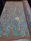 Big Damask Sequins Fabric - Iridescent Aqua - 4 Way Stretch Damask Sequins Design Fabric By Yard