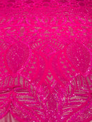 Hot Pink Iridescent Sequin - 4 Way Stretch Embroidered Royalty Sequins Design Fabric By Yard