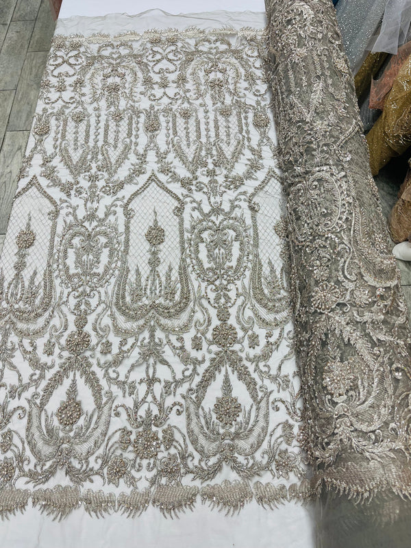 Silver Beaded Damask Fabric - by the yard - Embroidered with Beads and Sequins on Mesh Fabric