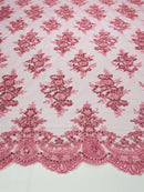 Candy Pink Floral Lace Fabric - by the yard - Corded Flower Embroidery Design With Sequins on a Mesh