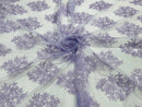 Floral Lace Fabric - Lilac - Flower Cluster Embroidery Design With Sequins on a Mesh