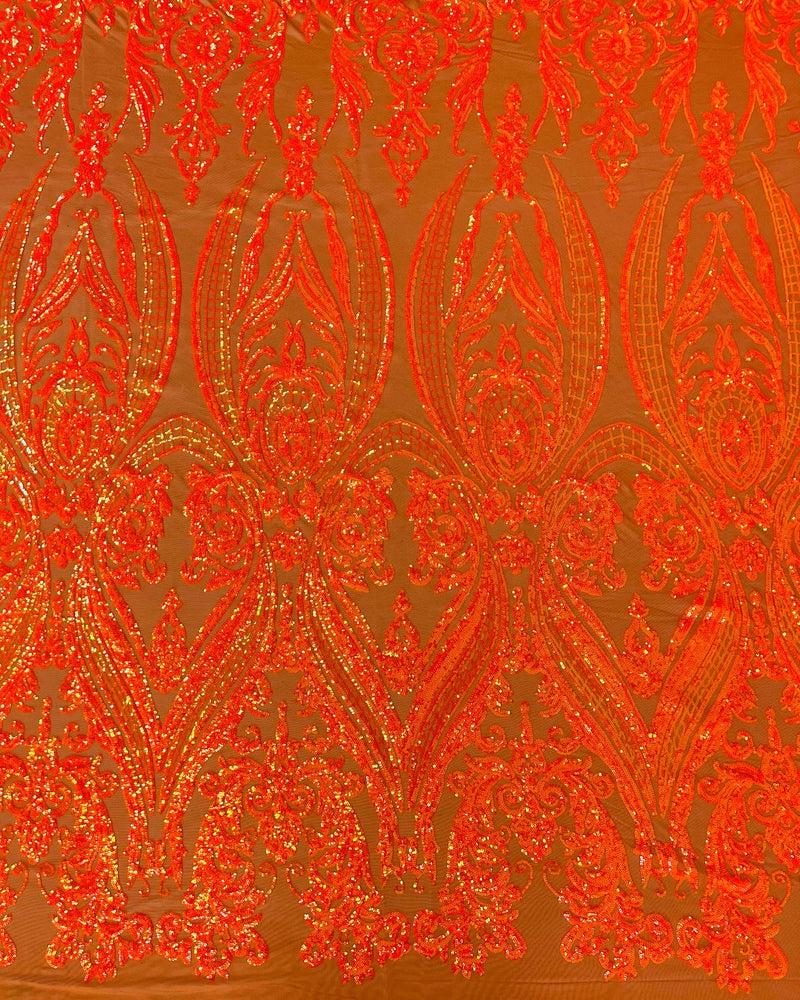 Big Damask Sequins Fabric - Orange Iridescent - 4 Way Stretch Damask Sequins Design Fabric By Yard