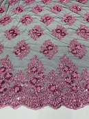 Floral Lace Fabric - Pink on Black Mesh - Flower Cluster Embroidery Design With Sequins on a Mesh