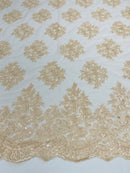 Floral Lace Fabric - Peach - Flower Cluster Embroidery Design With Sequins on a Mesh