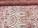 Dusty Rose Beaded Damask Fabric - by the yard - Embroidered with Beads and Sequins on Mesh Fabric