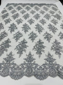 Silver Floral Lace Fabric by the yard Corded Flower Embroidery Design With Sequins on a Mesh