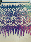 Lavender/Purple Iridescent Sequin Fabric, by the yard - Nude Mesh 4 Way Stretch Aztec Design