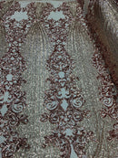 Rose Gold Sequin Fabric, 4 Way Stretch on a Nude Mesh By Yard