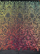 Rainbow Iridescent Sequin Fabric - by the yard - On Mesh 4 Way Stretch, Damask Design Sequins