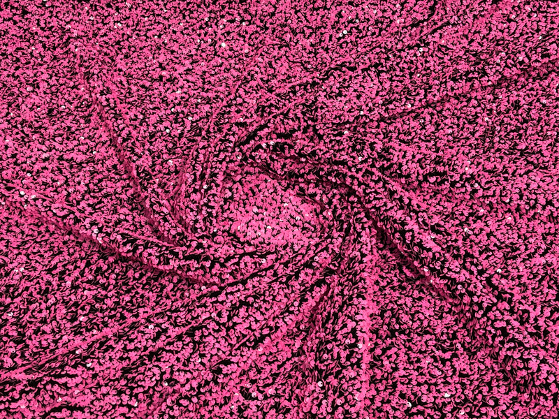 Neon Pink Sequin Fabric on Black Stretch Velvet - by the yard - Sequins 2 Way Stretch  58/60”