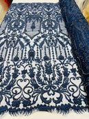 Navy Beaded Damask Fabric - by the yard - Embroidered with Beads and Sequins on Mesh Fabric