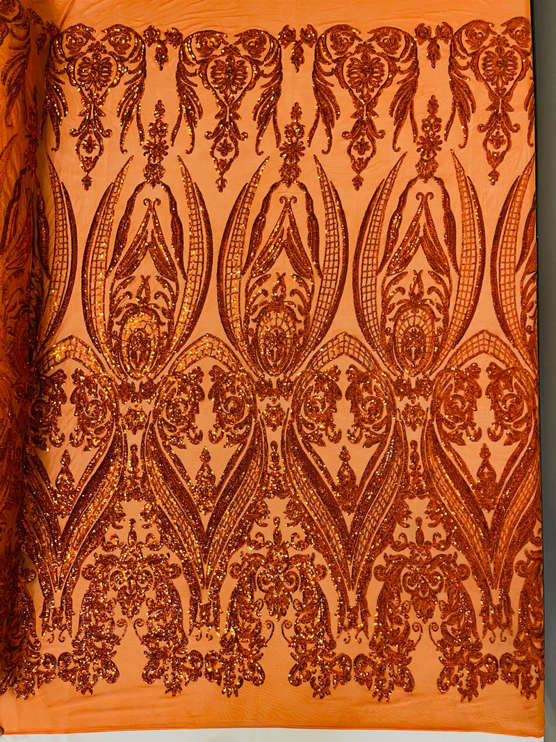 Big Damask Sequins Fabric - Burnt Orange - 4 Way Stretch Damask Sequins Design Fabric By Yard