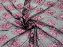 Floral Lace Fabric - Pink on Black Mesh - Flower Cluster Embroidery Design With Sequins on a Mesh