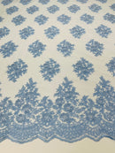 Floral Lace Fabric - Baby Blue - Flower Cluster Embroidery Design With Sequins on a Mesh