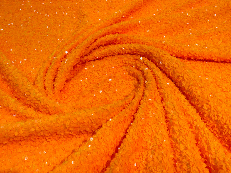 Neon Orange Sequin Fabric on Stretch Velvet - by the yard - Sequins 2 Way Stretch  58/60”