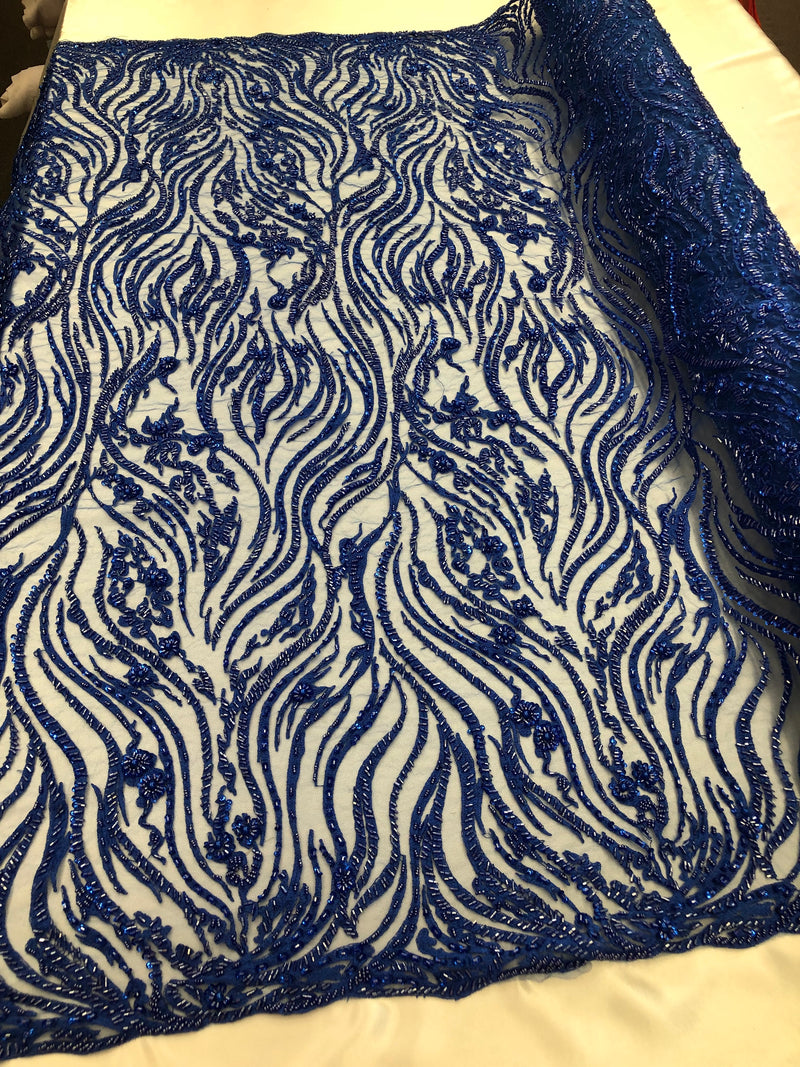 Beaded Lace Fabric - Royal Blue -  Embroidery on Mesh For Bridal Wedding Fancy Dress Sample