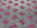 Floral Lace Fabric - Pink on Black Mesh - Flower Cluster Embroidery Design With Sequins on a Mesh