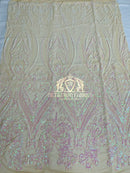 Big Damask Sequins Fabric - White/Pink Sequins - 4 Way Stretch Damask Sequins Design Fabric By Yard