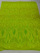 Neon Yellow Sequin - 4 Way Stretch Embroidered Royalty Sequins Design Fabric By Yard