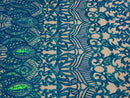 Iridescent Turquoise - 4 Way Stretch Embroidered Royalty Sequins Design Fabric By Yard