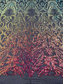 Rainbow Iridescent Sequin Fabric - by the yard - On Mesh 4 Way Stretch, Damask Design Sequins