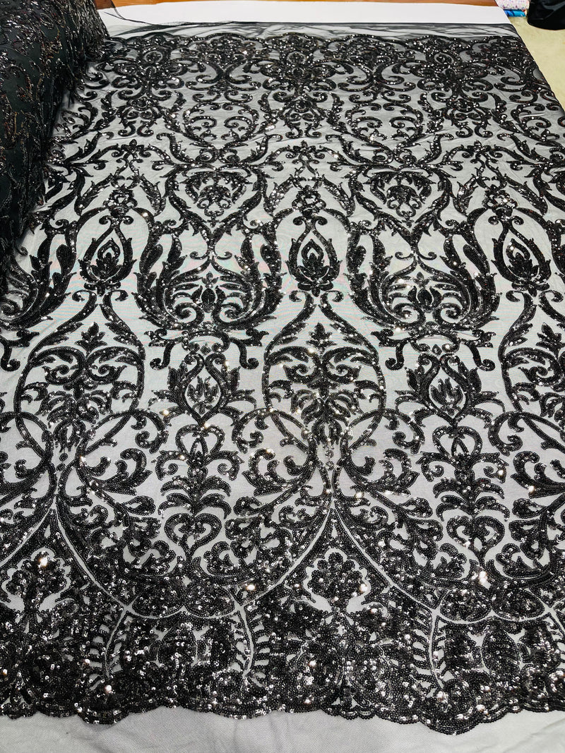 Black Sequin Fabric On a Mesh 4 Way Stretch Damask Design By The Yard