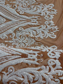 Big Damask Sequins Fabric - White on Dark Nude - 4 Way Stretch Damask Sequins Design Fabric By Yard