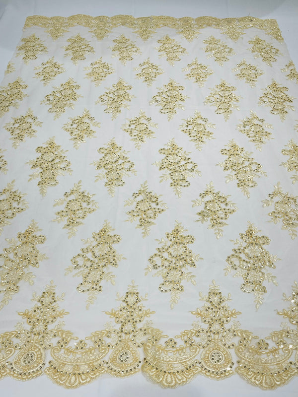 Banana Lace Sequins Fabric - by the yard - Corded Flower Embroidery Design Mesh Lace Fabric