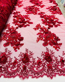 Burgundy Flower 3D Fabric - by the Yard - Embroided Fabric Flower Pearls and Beaded Fabric