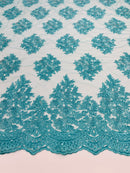 Floral Lace Fabric - Tiffany Blue - Flower Cluster Embroidery Design With Sequins on a Mesh