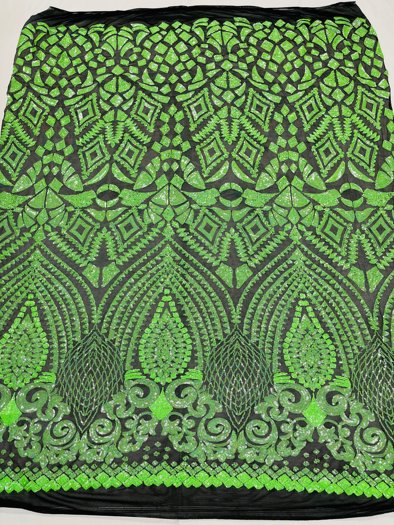 Neón Green Sequins Fabric On Black Mesh 4 Way Stretch Geometric Design By The Yard