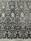 Black Sequin Fabric - by the yard - On Mesh 4 Way Stretch, Damask Design Sequins