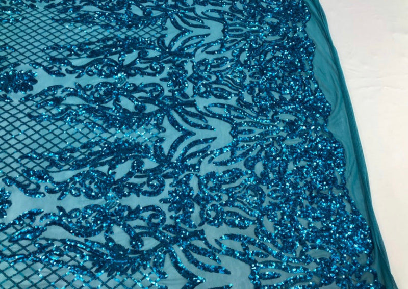 3 Yards Sequins - Turquoise- 4 Way Stretch Fancy Fabric Embroidered On Mesh
