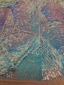 Aqua Iridescent Fringe Sequins On Nude Mesh - Dangle 4 Way Stretch Fancy Sequins Fabric