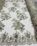 Silver Flower 3D Fabric - by the Yard - Embroided Fabric Flower Pearls and Beaded Fabric