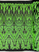 Big Damask Sequins Fabric - Neon Green / Black - 4 Way Stretch Damask Sequins Design Fabric By Yard