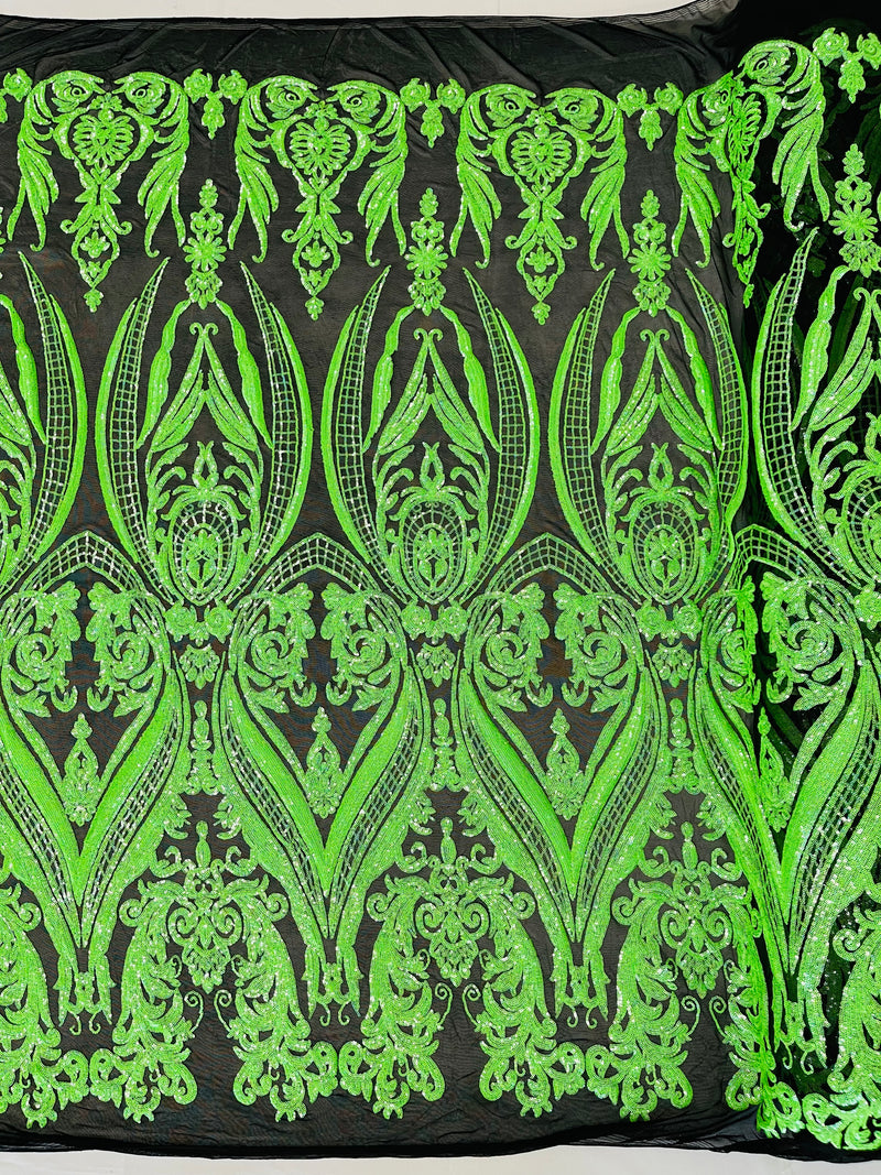 Big Damask Sequins Fabric - Neon Green / Black - 4 Way Stretch Damask Sequins Design Fabric By Yard