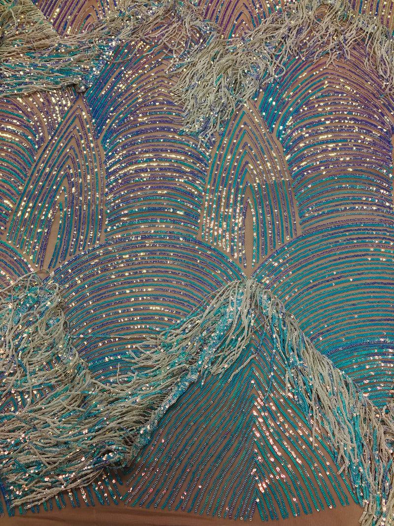 Aqua Iridescent Fringe Sequins On Nude Mesh - Dangle 4 Way Stretch Fancy Sequins Fabric