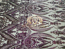 Big Damask Sequins Fabric - Purple Iridescent - 4 Way Stretch Damask Sequins Design Fabric By Yard
