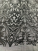 Black Sequin Fabric - by the yard - On Mesh 4 Way Stretch, Damask Design Sequins