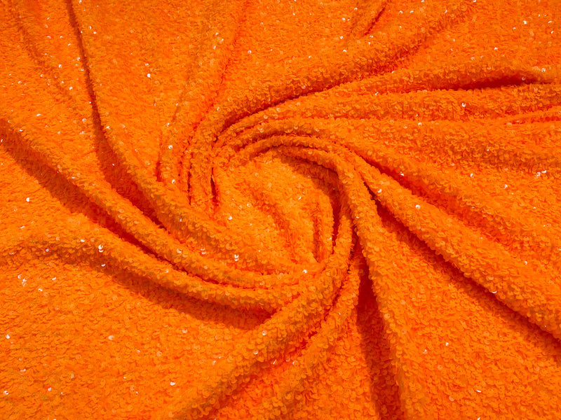 Neon Orange Sequin Fabric on Stretch Velvet - by the yard - Sequins 2 Way Stretch  58/60”