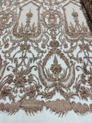 Rose Nude Beaded Damask Fabric - by the yard - Embroidered with Beads and Sequins on Mesh Fabric