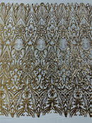 Gold Sequin Fabric - by the yard - On Mesh 4 Way Stretch, Damask Design Sequins