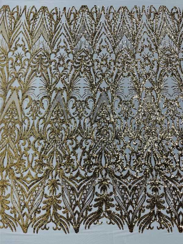 Gold Sequin Fabric - by the yard - On Mesh 4 Way Stretch, Damask Design Sequins