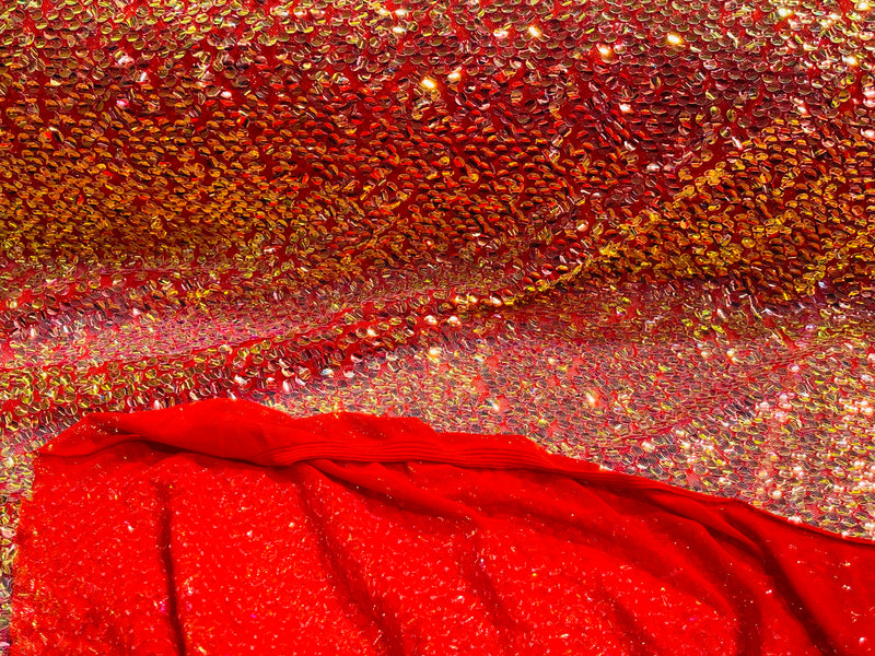 New Iridescent Clear Sequin Fabric Embroidery On Red Power Mesh 4Way Stretch Sequins By The Yard